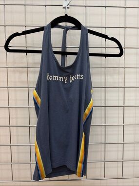 Vintage Tommy Hilfiger Navy Y2KHalter Tank with side multi color ribbon stripes.